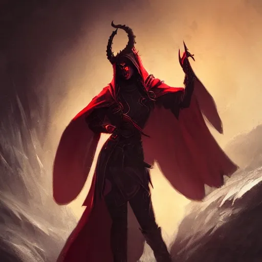 Image similar to A tiefling with red skin and gold eyes, wearing a black cloak, style of Greg Rutkowski, dungeons and dragons character art, artstation