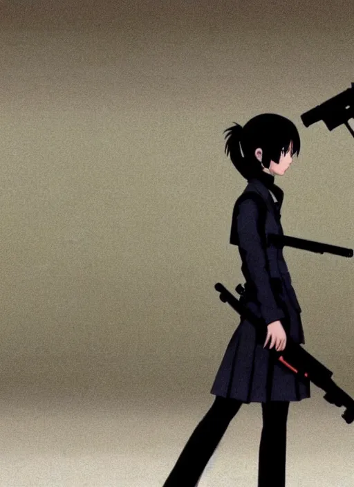 Prompt: girl in a soviet school uniform holding an assault rifle, still from Serial Experiments Lain, high resolution