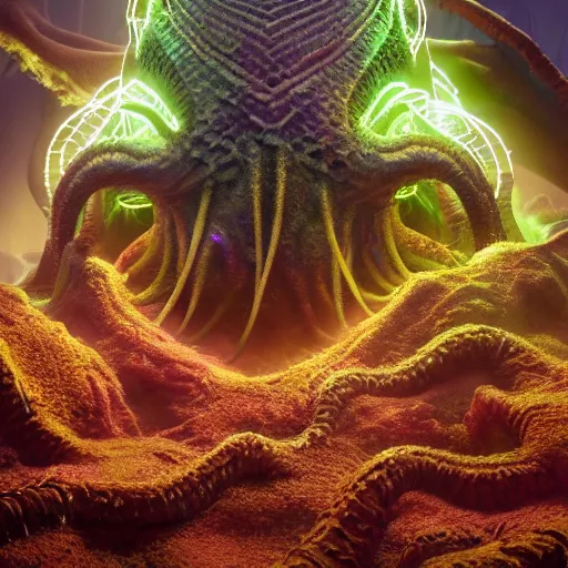 Image similar to cthulhu, expressive eyes, floating, rbc, radiolaria, protophyta, micro - organisms, center frame, symmetric, rim light, marine microbiology, bioluminescence, electric, fur, soft, concept art, intricate details, highly detailed, colorful, photorealistic, disney pixar, octane render,