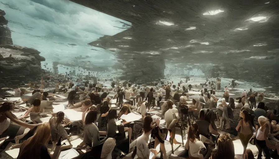 Prompt: limbus with a horde of office managers attacking the ocean unreal engine, hyper realism, realistic shading, cinematic composition, realistic render, octane render, detailed textures, photorealistic, wide shot
