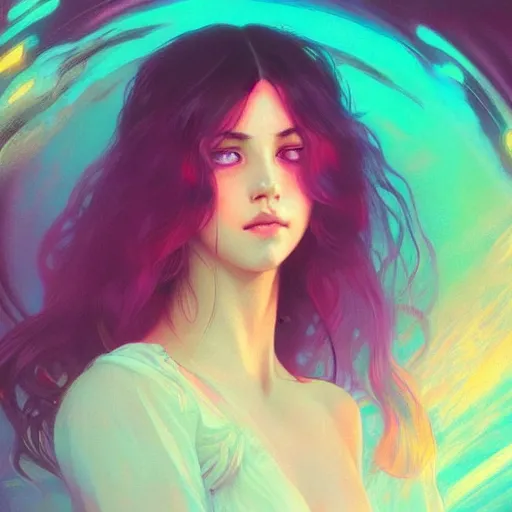 Image similar to beautiful, young woman, sad eyes, tears running down, vaporwave aesthetic, synthwave, colorful, psychedelic, digital painting, artstation, concept art, smooth, sharp focus, illustration, art by artgerm and greg rutkowski and alphonse mucha