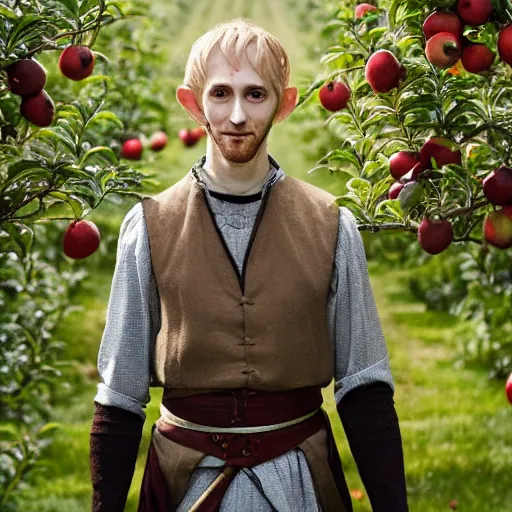 Image similar to portrait of a slender elven man, standing in an apple orchard, dressed in medieval style, very handsome, dungeons and dragons