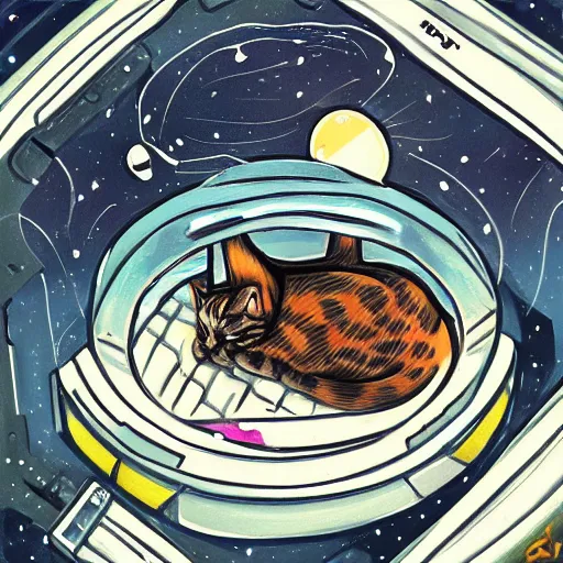 Prompt: cat taking a nap in a space station, trending on art station, 1 0 2 4 x 1 0 2 4, cosmic