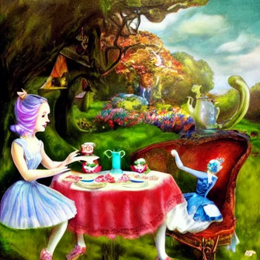 Image similar to “Alice at a tea party, Alice in Wonderland, realism”