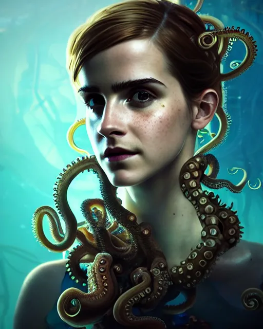 Prompt: underwater steampunk biopunk portrait of emma watson, octopus, au naturel, hyper detailed, digital art, trending in artstation, cinematic lighting, studio quality, smooth render, unreal engine 5 rendered, octane rendered, art style by klimt and nixeu and ian sprigger and wlop and krenz cushart.