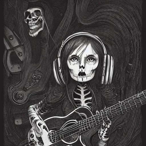 Image similar to skeleton wearing headphones, watching girl playing guitar while her black cat standing next to her, detailed intricate ink illustration, dark atmosphere, detailed illustration, hd, 4k, digital art, overdetailed art, by greg rutkowski, by loish, complementing colors, Trending on artstation