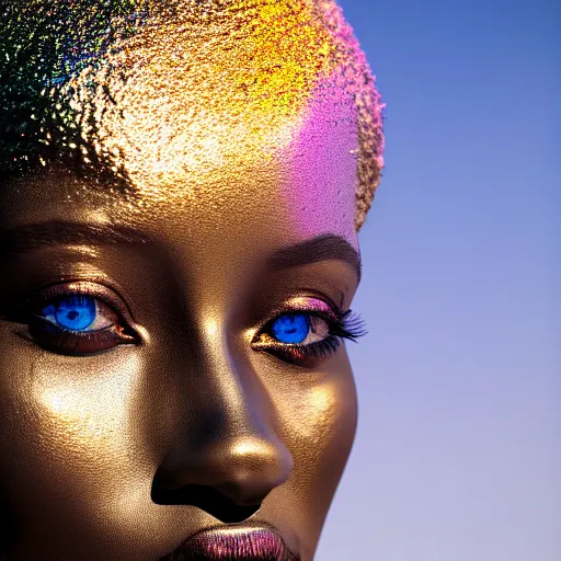 Image similar to portrait of iridescent metallic face, african woman, reflections, smooth, proud looking away, outdoor, blue sky, nature, 8 k, realistic, depth of field, highly detailed, award winning photography,