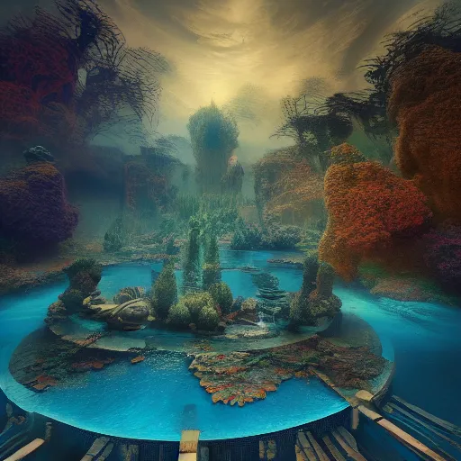 Image similar to beautiful symmetrical scateboarder jumps over the pond! silence again, surrounded by machine axonometric fantasy intricate elegant highly detailed in volumetric void of latent space lush flowers surround, realm of the gods golden turquoise steampunk, high contrast cinematic light, mystical shadows, octane render, photographic, concept art, art high renaissance art, unreal engine 8 k