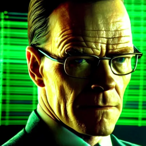 Prompt: close - up of bryan cranston as agent smith in the matrix, movie still frame, promotional image, imax 7 0 mm footage