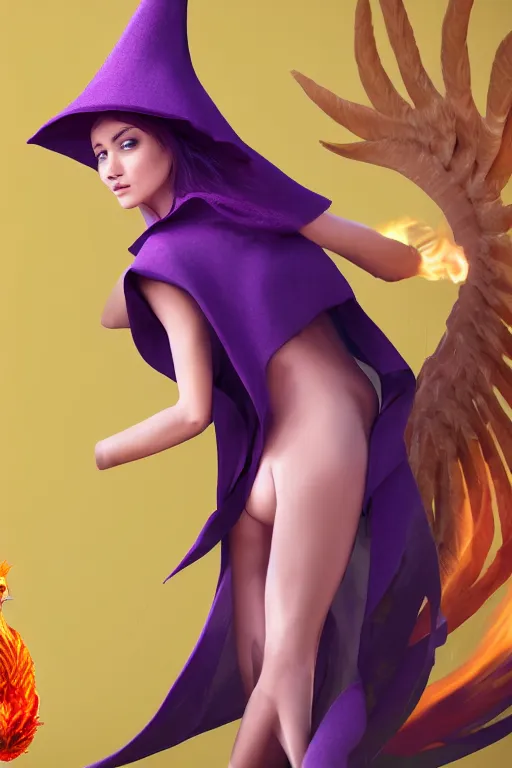 Prompt: Young beautiful short woman in purple witch robes and pointy hat with a small pet phoenix on her shoulder, full body shot, digital art, detailed render, 3D material