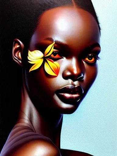 Image similar to a portrait of duckie thot with a floral background by karol bak, artgerm, moebius, yoji shinkawa : : portrait, illustration, photorealism, hyperrealism