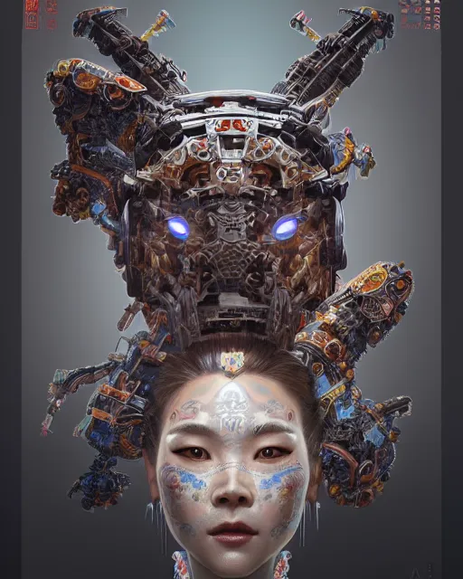 Image similar to portrait of a machine from horizon zero dawn, machine face, upper half portrait, decorated with chinese opera motifs, asian, bian lian, traditional chinese art, intricate, elegant, highly detailed, symmetry, digital painting, artstation, concept art, smooth, sharp focus, illustration, art by artgerm and greg rutkowski and alphonse mucha, 8 k