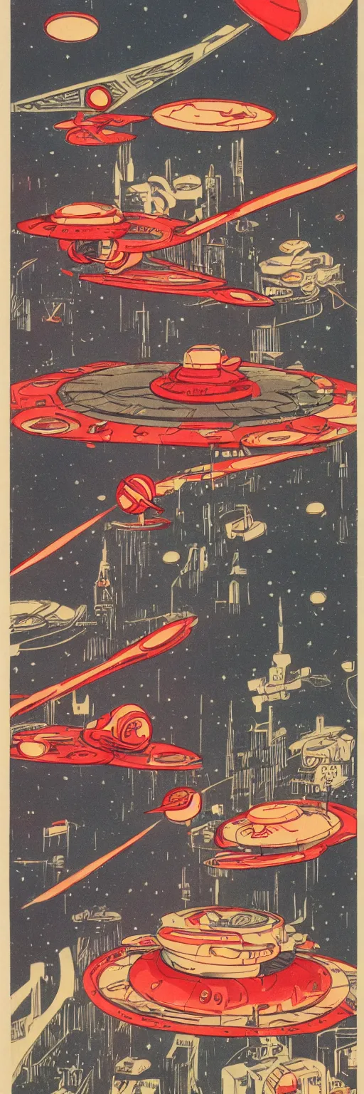 Prompt: a gigantic red eyed alien flying over a little US city, his cylindric wooden spaceship over him with multiple little colored lights around the spaceship, old graphic comics design, 1940's photography