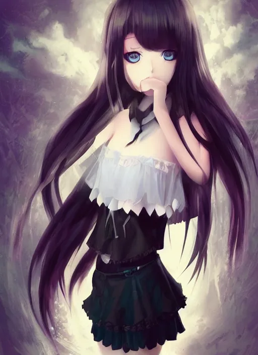 Image similar to kerli koiv as anime girl, kerli koiv as anime girl, gothic mini skirt and crop top, fine art, matte painting, digital art, concept art, artgerm,, rule of 3 rds,