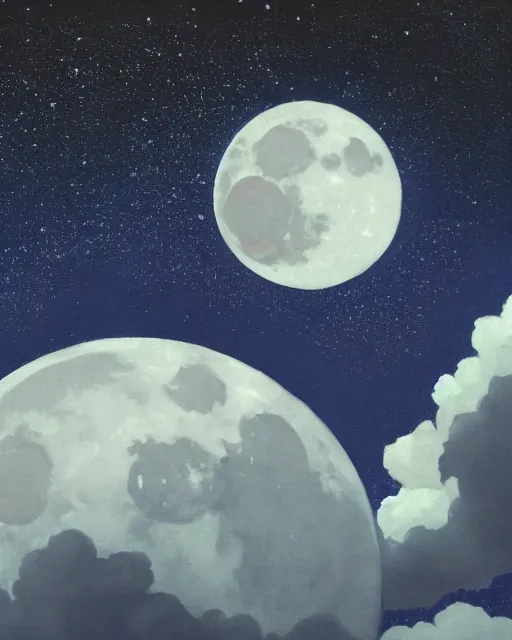 Image similar to painting of a large moon in the sky; the moon is read and has an open eye on it; there is a thin, long, blue cross-shaped star in the sky, anime, detailed, creepy, beautiful