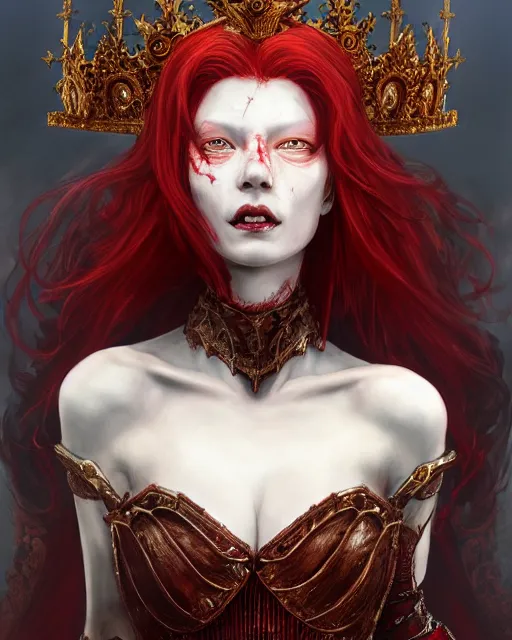 Image similar to redhead queen in heavy red armor, inside an epic gothic castle, baroque, large crown, face with scars, mad grin, intimidating, ominous, high fantasy, intricate detail, digital painting, artstation, concept art, smooth, sharp focus, illustration, art by yoshitaka amano and monia merlo and wlop