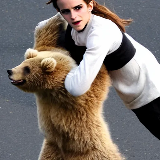 Image similar to emma watson grappling with a bear