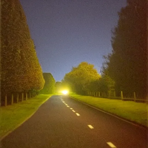 Prompt: Beautiful cameraphone 2000s, soft liminal Photograph of an estate road at night, hedge