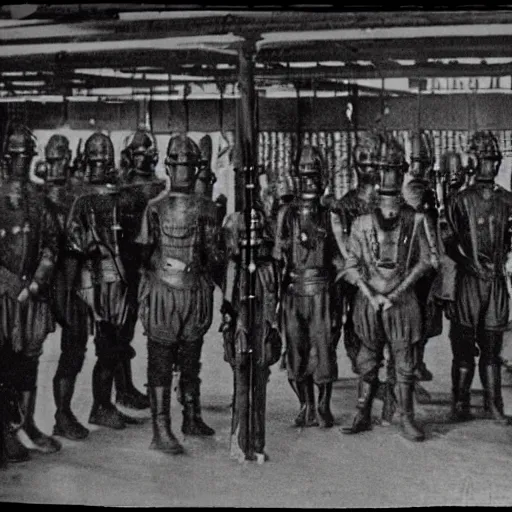 Prompt: grainy 1910s photo of a cybernetic warrior army standing unused inside a warehouse