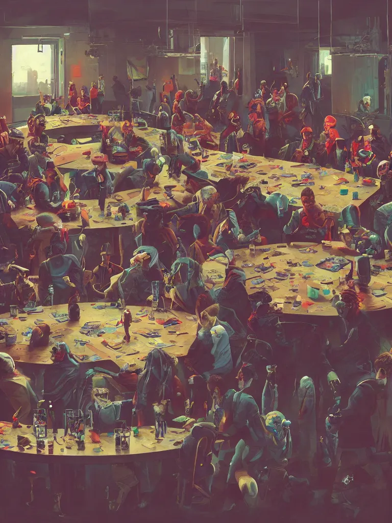 Prompt: a large table with punks, criminals and robots in a painting from stalenhag, 4 k, 8 k, hdr, artstation, concept art