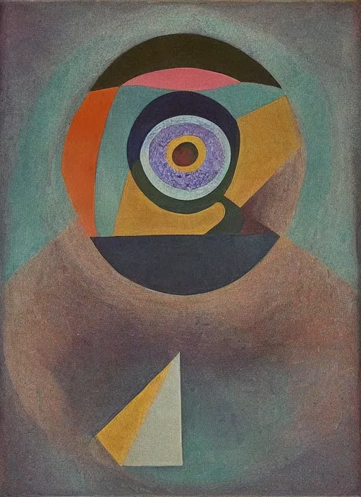 Prompt: squared eyeball with geometric shapes and patterns, muted color palette, symmetric, symbolist, abstract, spiritual art painting by Hilma At Klint