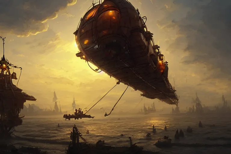 Prompt: a steampunk squid airship at sunset, highly detailed, cinematic concept art, by wlop, tooth wu, greg rutkowski, alena aenami