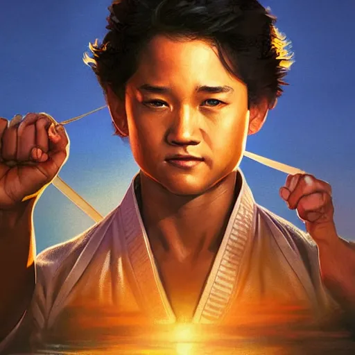 Prompt: karate kid, movie poster, miyagi, intricate, detailed, volumetric lighting, scenery, digital painting, highly detailed, artstation, sharp focus, illustration, artstation, art by artgerm and greg rutkowski and alphonse mucha