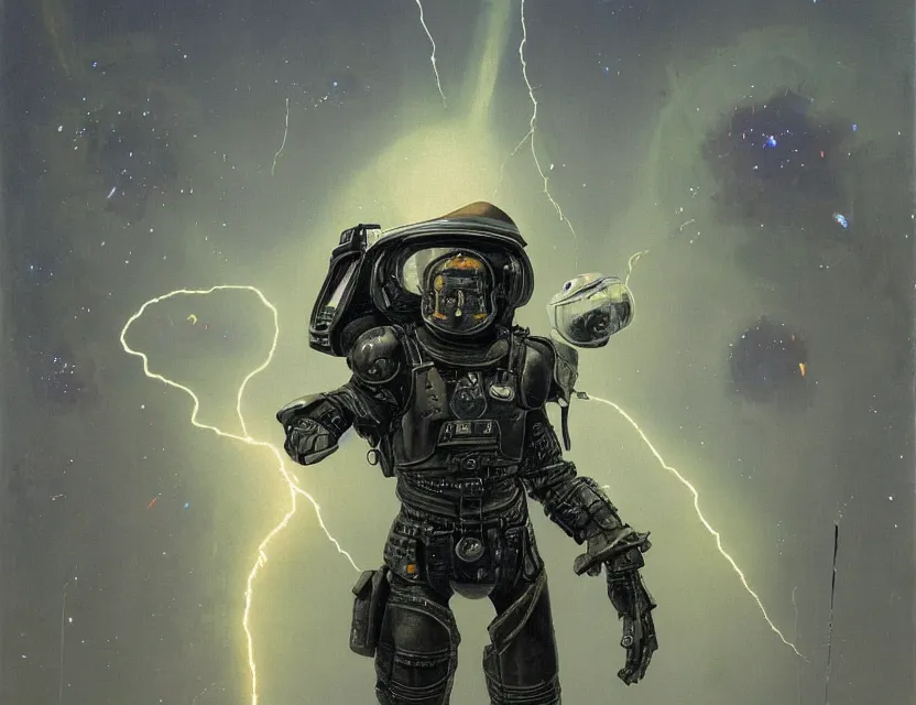 Image similar to a detailed portrait painting of a lone bounty hunter wearing combat armour and a reflective visor. Head and chest only. Movie scene, cinematic sci-fi scene. Flight suit, cloth and metal, accurate anatomy. portrait symmetrical and science fiction theme with lightning, aurora lighting. clouds and stars. Futurism by beksinski carl spitzweg moebius and tuomas korpi. baroque elements. baroque element. intricate artwork by caravaggio. Oil painting. Trending on artstation. 8k