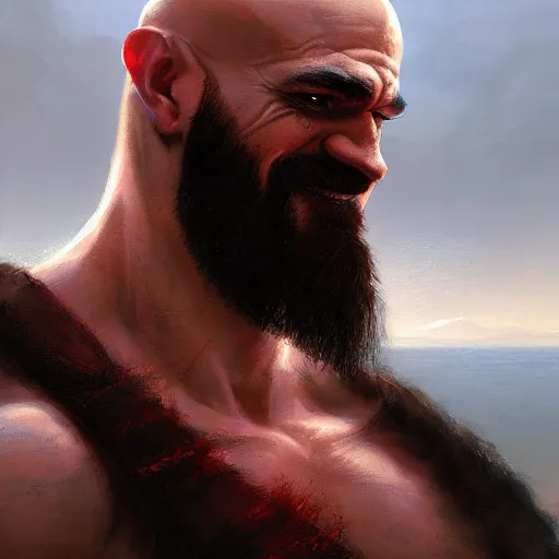 Image similar to kratos closeup portrait, dramatic light, lake background, 2 0 0 mm focal length, painted by stanley lau, painted by greg rutkowski, painted by stanley artgerm, digital art, trending on artstation