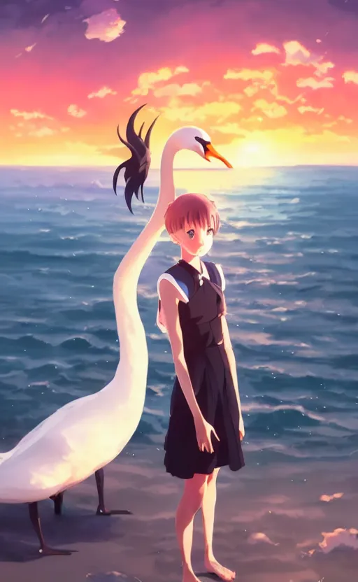 Image similar to front portrait of cute girl hugging a white swan, sunset sky in background, beach landscape, illustration concept art anime key visual trending pixiv fanbox by wlop and greg rutkowski and makoto shinkai and studio ghibli and kyoto animation, futuristic wheelchair, symmetrical facial features, backlit