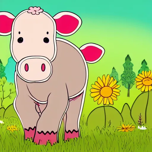 Image similar to cute cheerful cow with his two ears and his trunk in a meadow, colouring - in sheet, concept design, character art, sharp focus, highly detailed, artstation