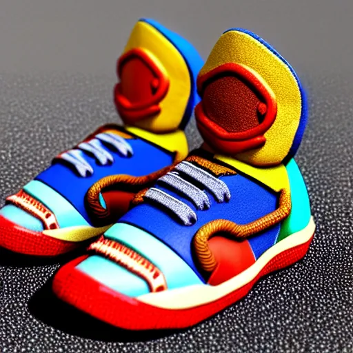 Image similar to realistic scultpure of plastic toy sneaker! design, sneaker design overwatch botw fantasy style mixed with aztec mayan native street fashion, focus on sneakers only, shoes designed by akira toriyama and studio ghibli