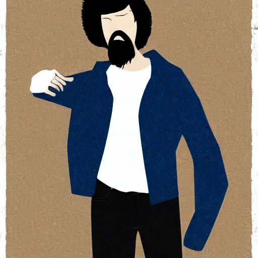 Image similar to a drawing of a man with black hair and beard, wearing a black jacket, white shirt and blue jeans, holding his hands up to his face, illustration, realistic, 8 k, atmospheric, moody, in the style of diego koi, art by alyssa monk