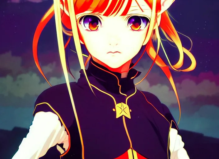 Image similar to ilya kuvshinov anime portrait fantasy elf girl, last exile, murata range, fine detail, perfect anime face, dramatic lighting, dynamic composition, art deco, cel shading, vivid, rich texture, alphonse mucha, ( ( ( colorful ) ) ), yoshinari yoh