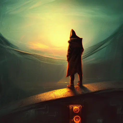 Prompt: hooded figure standing at the edge of reality gazing into the unknown, sunset on distant machine planet, steampunk, cyberpunk, detailed digital painting, smooth, sharp focus, artstation, artgerm, 4 k ultra hd, fantasy dark art