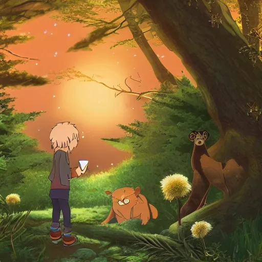Image similar to wild animals with friendly boy in the night in the forest in ghibli style, smooth, anime 8k, detailed face, flowers, clean, detailed face, detailed animal,
