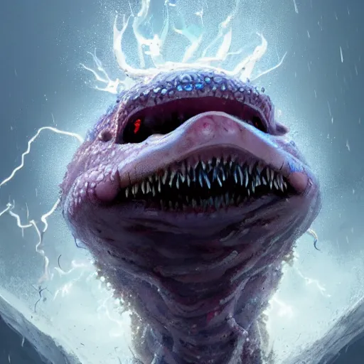 Image similar to highly detailed shocked Axolotl hit by lightning from the sky in a small puddle, thunder, dramatic, dark, fantasy, digital art, hyperrealistic, Greg Rutkowski, Trending on Artstation, highly detailed