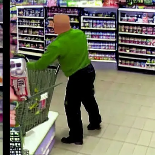 Image similar to shreck robbing a grociery store, security camera footage