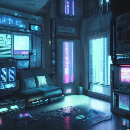 Image similar to the cyberpunk apartment, render, octane, 4k, highly detailed, vivid colors, high definition, by James Gilleard and Makoto Shinkai