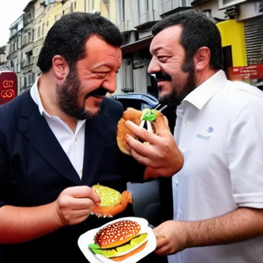 Image similar to Matteo Salvini eating a burger at McDonald’s, photograph, paparazzi