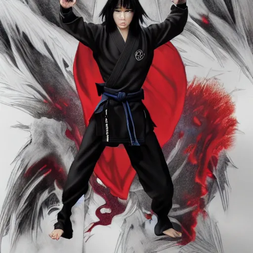 Prompt: mazoku martial artist, handsome japanese demon boy, young adult yokai with long spiky black hair, vampiric skin, vantablack gi, red eyes, ultra realistic, intricate details, highly detailed, subsurface scattering, photorealistic, octane render, 8 k, art by artgerm, greg rutkowski, magali villeneuve, alphonse mucha