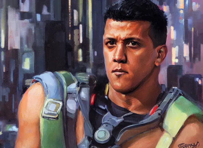 Image similar to a highly detailed beautiful portrait of alexis sanchez cyberpunk, by gregory manchess, james gurney, james jean