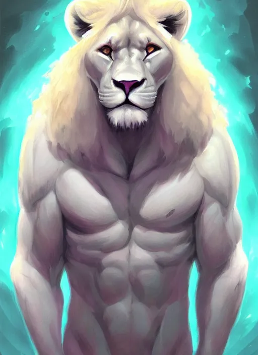 Image similar to aesthetic portrait commission of an albino male furry anthro lion with large muscles and lavender and mint colored glowing orbs of light surrounding and illuminating the lions face softly charlie bowater, detailed, inked, western comic book art, 2017 award winning painting, digital art, artstation