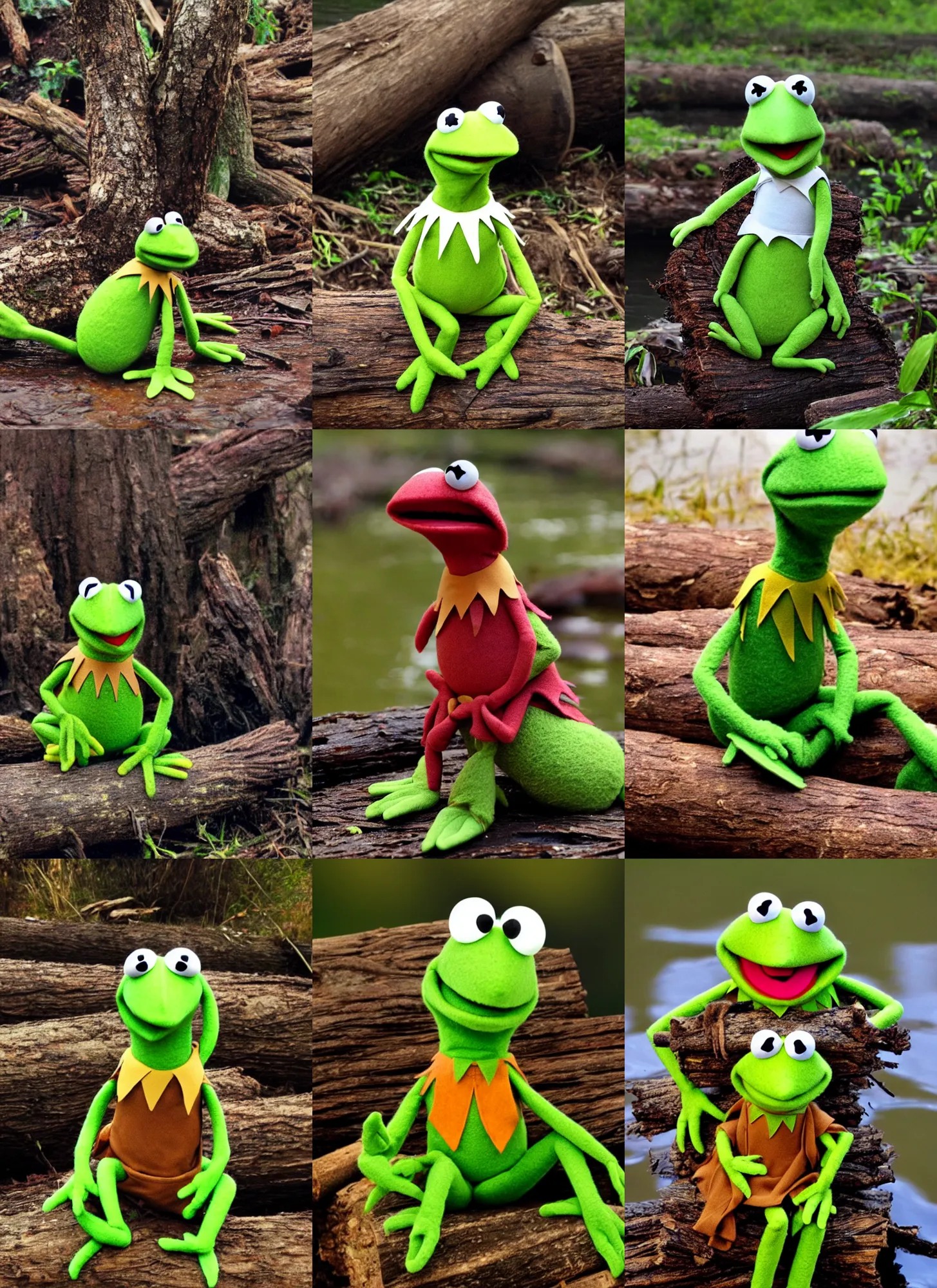 Prompt: kermit the frog sitting on a log in a bog, muppet, the muppets, jim henson, kermit