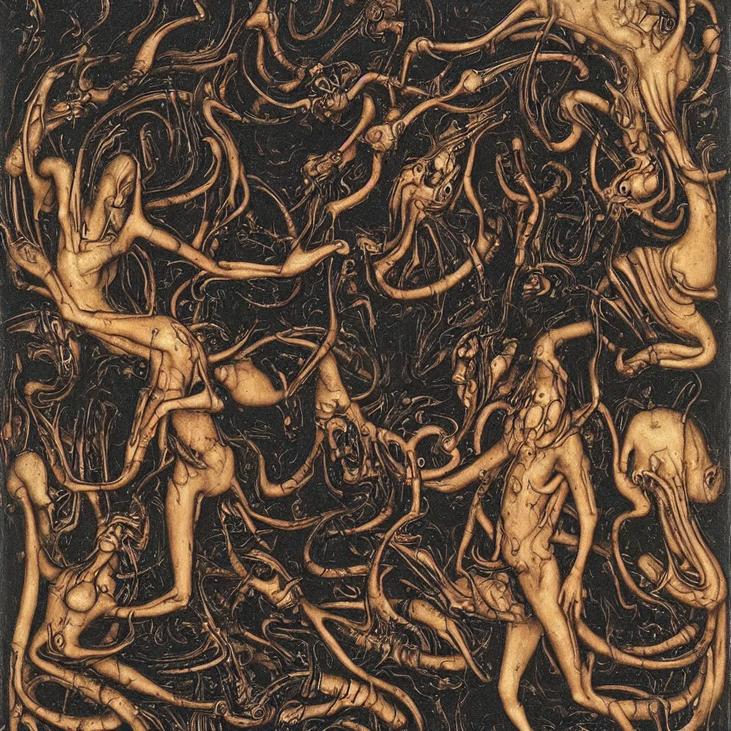 Image similar to a graceful detailed demon ballerina leaving a trail of smoke in a pool of lava by h. r. giger, by hans memling