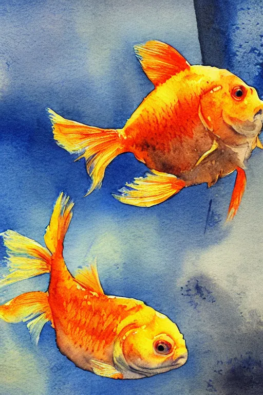 Image similar to wide angle scene of an award winning watercolor painting of a Siamese fighting goldfish, digital art