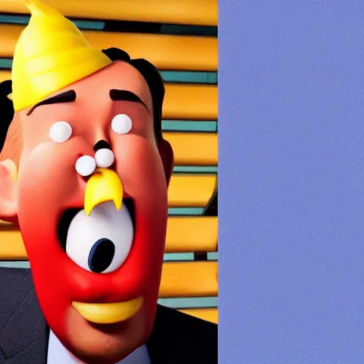 Image similar to photo of [ a single french fry chip ] shaped into stephen fry as a pixar character hybrid intercross mix cinematic lighting