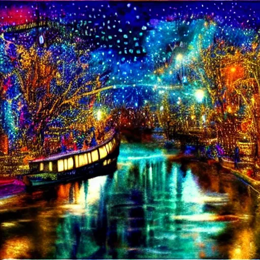 Image similar to A Mystic River, The River Is Full of Lights, Mysticism, Artwork, Watercolor, Indian Art, Cinematic, Exposure, Slit-Scan Photography, 2-Dimensional, 4k, Ultra-HD, Incandescent, Ray Tracing Reflections, insanely detailed and intricate, hypermaximalist, elegant, ornate, hyper realistic, super detailed:: watermark:: blurry:: cropped:: blur:: blurry:: out of focus:: by Dorothea Tanning, by Rene Magritte, by Victto Ngai