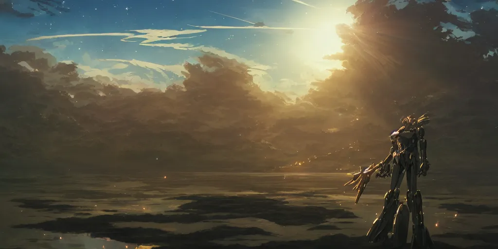 Image similar to Mecha standing near the river, beautiful landscape made by Studio Ghibli, volumetric lighting, highly detailed art, concept art, Greg Rutkowski, Ayami Kojima, James Jean, Yoshitaka Amano, sunset, beautiful scene, shooting stars, sharp focus, smooth, 8k, anime art,depth of field, dynamic sky