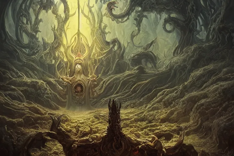 Image similar to a lovecraftian painting of a demonic shrine, occult, demon summoning, hell gate, cosmic horror elements, ultra realistic, concept art, intricate details, eerie, highly detailed, photorealistic, octane render, 8 k, unreal engine. art by artgerm and greg rutkowski and alphonse mucha
